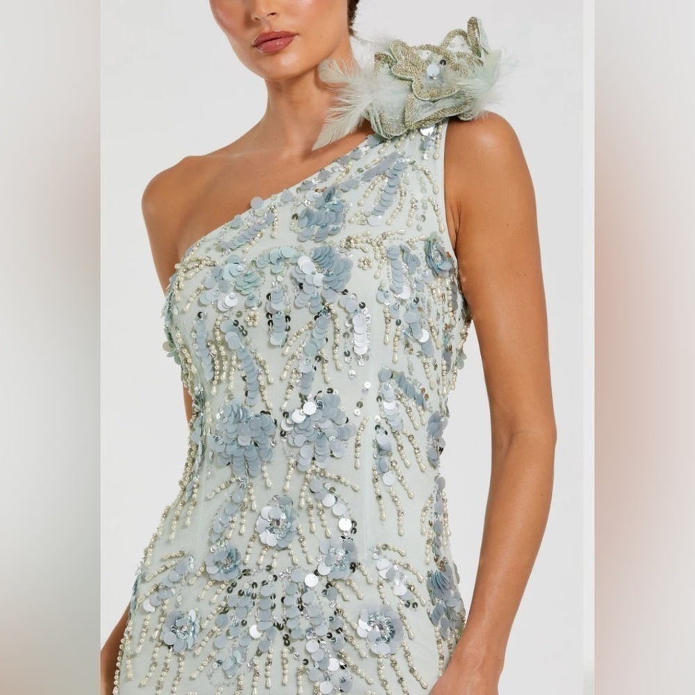 NWT Mac Duggal 94151 Sage Green Embellished One Shoulder Trumpet Gown Size 12 - Picture 3 of 17